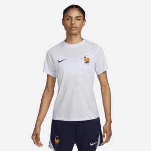 Camiseta de pre-partido de manga corta Nike Francia para mujer, temporada 2024 FV6942 415